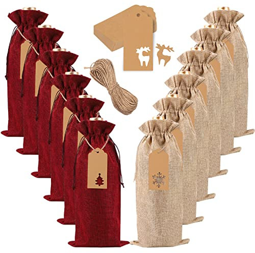 JOISHOP 12pcs Christmas Wine Covers - Burlap Jute Wine Bottle Covers with Drawstring for Xmas, Wedding, New Year Parties