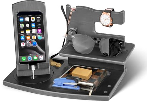 Gifts for Men - Wood Phone Docking Station Mens Gifts for Dad Boyfriend Anniversary Birthday Gifts for Him Bedside Organiser Nightstand Key Wallet Stand for Men Xmas Presents for Husband, Fathers, Him