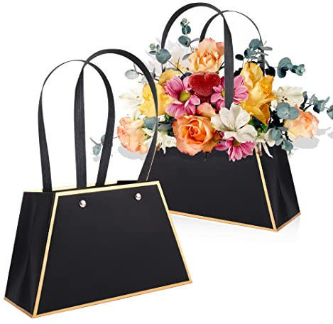 DIYBravo 4 Stück Kraftpapier Blumentaschen, Wasserdicht Geschenktüten Bouquet Taschen Bouquet Bags mit Griff, Tragetaschen für Blumenarrangement Geburtstag Hochzeit Heimtextilien Party (schwarz)
