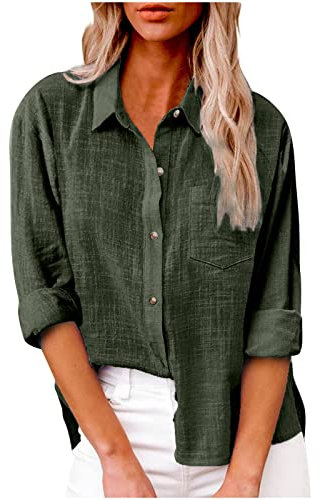Damen Baumwolle Leinen Button Down Shirt 2023 Casual Langarm Einfarbig Shirts Lose Arbeit Tops mit Taschen, Grün (Army Green), X-Groß