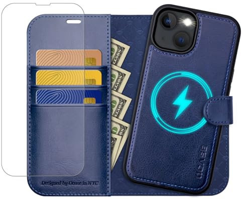 OCASE iPhone 13 Hülle(2in1) Leder Stoßfestes Case [Abnehmbare magnetische Hülle] [Kabelloses Laden] [mit iPhone 13 Schutzfolie] Handyhülle RFID Schutzhülle Etui Klapphülle Blau