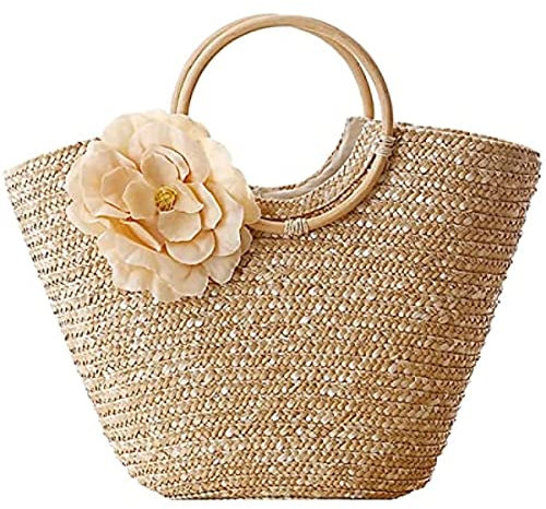 Sac à main en paille pour femme - Sac fourre-tout tricoté à la main - Grand sac à main d'été en rotin tissé, beige