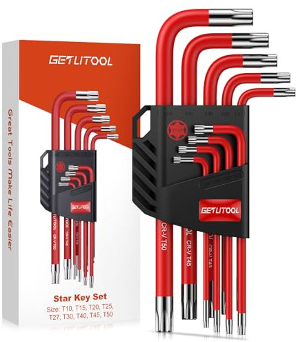 GETLITOOL 9pcs Llave Torx, Juego de Llave Torx Profesional T10, T15, T20, T25, T27, T30, T40, T45, T50, Marca de Tamaño,Llave Hexagonal Acero al Cromo Vanadio para Reparación de Bicicletas