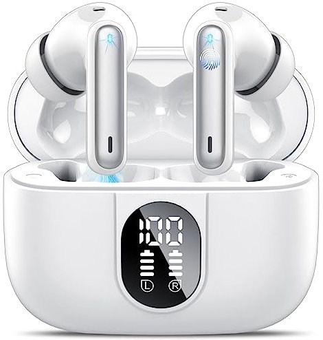 Csasan Cuffie Bluetooth, 2025 Auricolari Bluetooth 5.3 Wireless con Bassi Potenti, ENC Riduzione del Rumore Mic, Cuffiette Display LED, IPX7 Impermeabili Cuffie Senza Fili Bianco