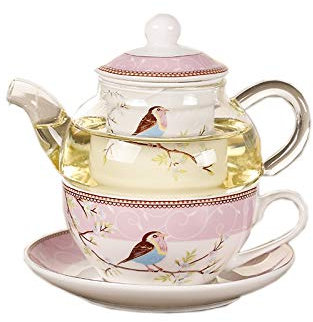 Flisdtry Juego de Tetera de cerámica con diseño de Flores, pájaros, platillo, Olla de Vidrio Resistente al, de café, té de la Tarde, Color Rosa