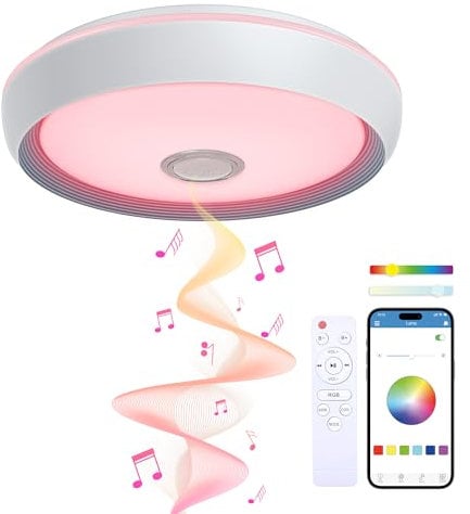 KSIX Glory Plafón Led Inteligente Techo con Altavoz, Color regulable RGB, 6200 lm, Ø47cm, Luz Controlable con Mando a Distancia y App, para Cocina Dormitorio o Infantil, Resiste polvo y salpicaduras