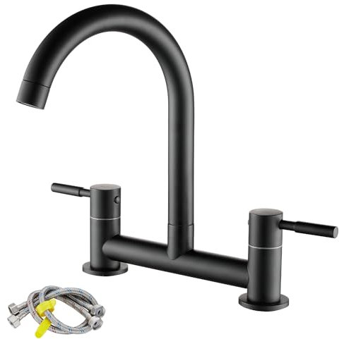 Ankoory Bridge Kitchen Sink Mixer Tap, 2 Hole Kitchen Bridge Mixer, 180mm Centers Deck Mounted Faucet with G1/2 Hoses, UK Standard Fittings, Dual Lever 1/4 Turn, 360° Swivel Spout, Brass, Matte Black