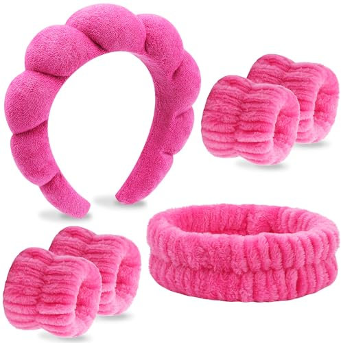 VELSCRUN 6 Pcs Rose Pink Bubble Puffy Sponge Spa Headband Wristband Set, Spa Headbands for Wash Face, Makeup Headband, Facial Skincare Headbands Women Girls Sleepover Party Supplies Hair Accessories
