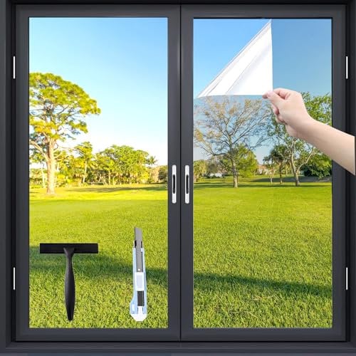 Fensfolie (60X400cm) Sonnenschutzfolie Fenster innen oder außen Silber, UV-Schutz Spiegelfolie, Ohne Rückstände Thermofolie Fenster Gegen Hitze, Sichtschutz Fensterfolie Hitzfolie