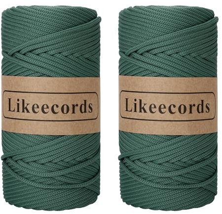 Likeecords 2 Rollen Makramee Garn 4mm x 130m Premium Polyester Kordelband Polypropylene Yarn Nylonschnur für Handwerk Häkelgarn für Taschen Wohndekorationen Umhängetasche Handtasche(Fagiolo Verde)