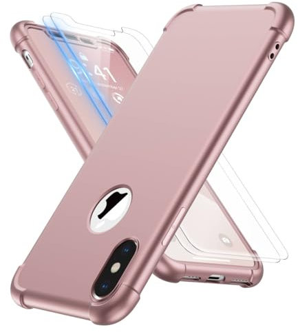 ORETECH for iPhone X/Xs Case, with [2 Pack 9H Screen Protectors] [10 Ft Military Grade Drop Test] [Camera Protection] 360 Shockproof Ultra Thin Anti Scratch Hard PC Silicone Cover - Rose Gold