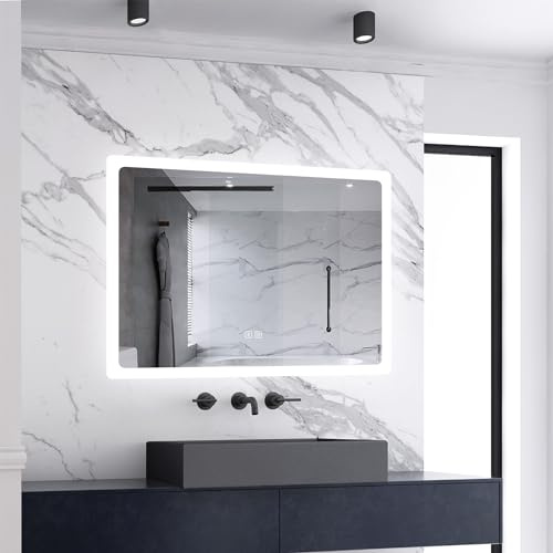 Skybathroom 800x600mm Bluetooth Bathroom Mirror with LED Lights Shaver Socket, Illuminated Smart Vanity Mirror with Demister Touch Sensor
