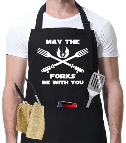 SAIONJI Delantal de cocina ajustable de poliéster con bolsillos para cocinar, asar a la parrilla, regalo ideal para los amantes de la comida, Negro -, talla única