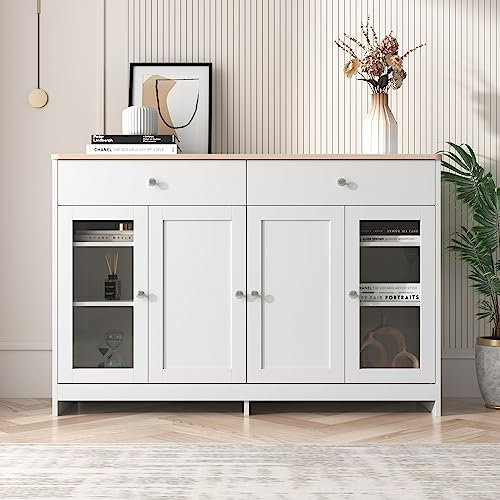 entapuk Buffet en Bois Blanc, Quatre Portes, Deux tiroirs, salon, Salle à Manger- Plateau Aspect Bois Clai - 120 L x 37 B x 80H(cm)
