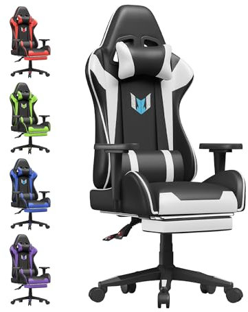 Racingreat Gaming Chair, Office Chair, Computer Chair, Sturdy PC Swivel Chair, Ergonomic Design with Cushion and Reclining Backrest (With Footrest, white)