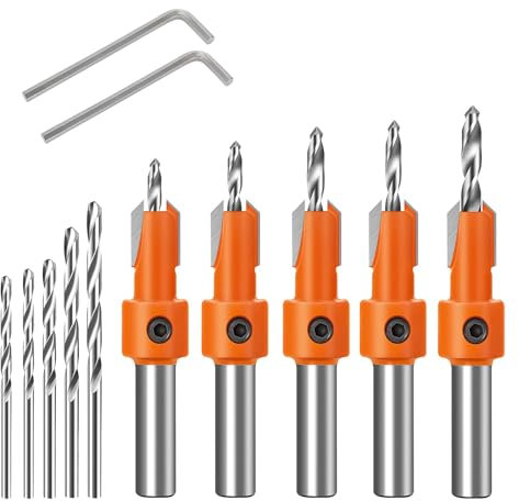 Countersink Drill Bit, 5Pcs Woodworking Counterbore Hole Drill Bits Quick Change 8mm Adjustable Countersink Drill Bit Set with 5 Different Sizes + 5 Replaceable HSS Bits & Wrenches Tapered Drill Bit