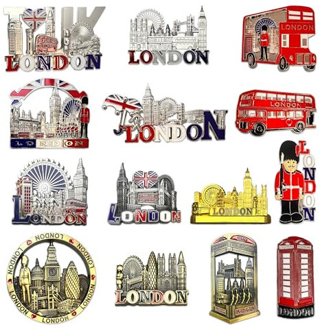 SAJAK Set of 12 London Fridge Magnets - Collectible Metal Magnets Featuring Iconic London Landmarks, Decorative British Souvenir Gift for Office, Home, and Kitchen Keepsakes