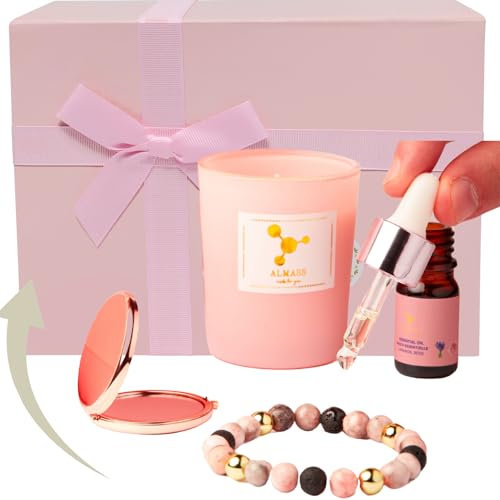 cadeau anniversaire femme - GRAND coffret cadeau femme - Bougie bijoux : Bracelet Diffuseur Huile Essentielle 19 cm +5ml huile essentielle (rose,lavande)+miroir poche+ bougie parfumée végétale