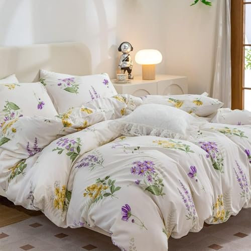 Freyamy Blumen Bettwäsche 135x200cm 2teilig Weiß Lila Bunt Blätter Pflanzen Floral Wendbar Bettwaren-Sets 100% Microfaser Blumenmuster Mädchen Bettbezug mit Reißverschluss und Kissenbezug 80x80cm