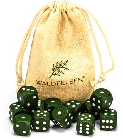 Waldfelsen 6, 12, 20, 30 oder 50 hochqualitative Holzwürfel aus echtem Buchenholz Augenwürfel Spielwürfel aus Holz in 16 mm Standardwürfel mit Stoffbeutel Würfelset (Moosgrün, 12 Stück)