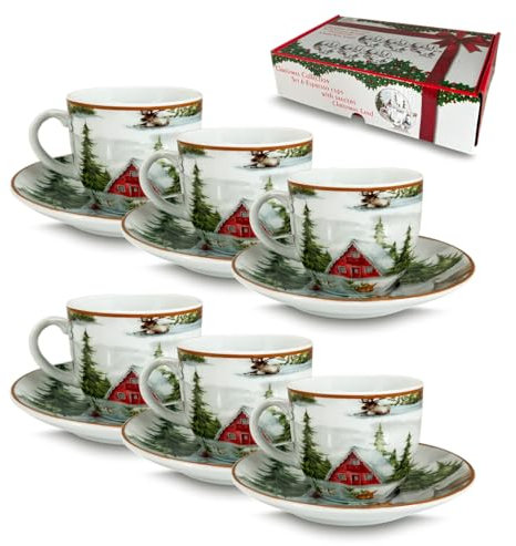 ARCA, Set di 6 Tazze da Caffè con Piattino in Porcellana, per 6 Persone, con Decorazione Natalizia Christmas Land, Resistenti e Durature, Ideali per la Tavola, Idea Regalo di Natale, 4,5x5,5 cm