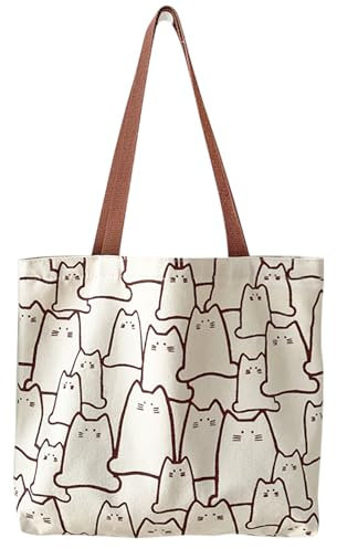 TSHAOUN Katzen-Canvas-Tragetasche, wiederverwendbare Baumwoll-Tasche mit Reißverschluss, niedliche Katzentasche, Strandtasche