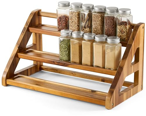 Tinamo Acacia Wood Spice Rack for Countertop - Wooden Tray Holds 24 Jars Spice Racks Organizer for Storage Shelf - 3 Tiered Spice Rack Organizer for Cabinet - Spice Shelf for Kitchen Pantry (Acacia)