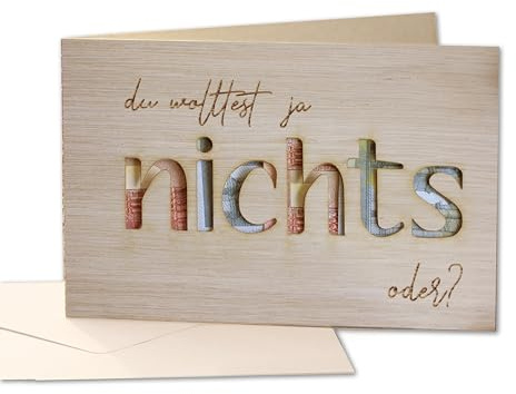 Holzgrußkarten – Geldgeschenk Verpackung mit Umschlag für alle die sich Nichts wünschen, NIX Geschenk für Geburtstag, Hochzeit, Weihnachten, Urlaub, Reisen - Lustige Geschenke für Männer und Frauen