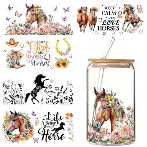 Glass Cup Transfer Horse Stickers - 5 Pcs Rub On Transfers UV DTF Cup Transfer Stickers Crafts Horse Theme Waterproof Sticker for Girls Boys Personalized Water Bottle DIY 16 Oz Cups Presents