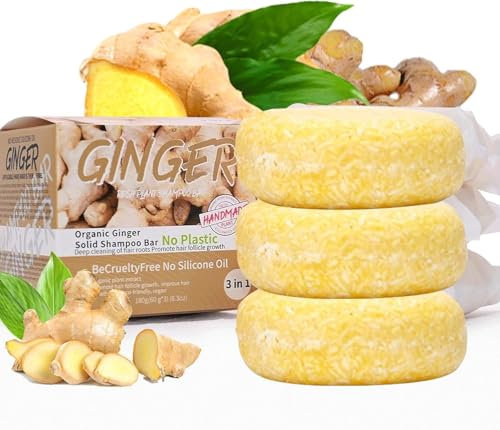 3PCS Ginger Shampoo Bar For Hair Regrowth - Hand Made Organic Anti Hair Loss & Anti Dandruff Solid Shampoo, Promote Hair Follicle Growth, Vegan & No Silicone Oil, Stops Itching (3 x 60g)