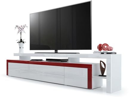 Vladon TV Board Lowboard Leon, Korpus und Überbau in Weiß matt/Front in Weiß Hochglanz mit Rahmen in Bordeaux Hochglanz (227 x 52 x 35 cm)