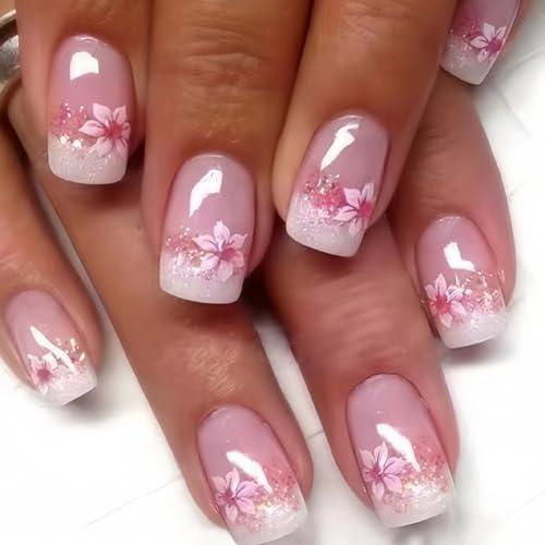 Viugex 24Pcs Press on Nails Kurz Eckig, Rosa Sakura French Nägel zum Aufkleben, Natürlich Falsche Nägel Glänzende Acryl Fingernägel zum Aufkleben, Full Cover Kunstnägel Fake Nails für Frauen Mädchen