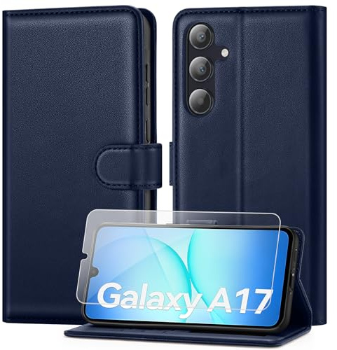 ivencase Coque pour Samsung Galaxy A17 avec Verre Trempé, Bleu Vif | étui Cuir PU Magnétique, Pochette de Portefeuille, Fonction Stand Video, Porte Carte Credit, Rabat Housse Samsung A17 5G/4G