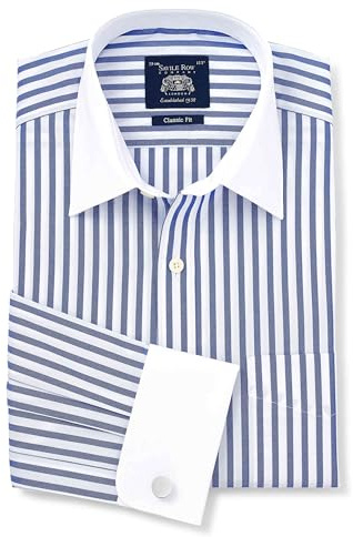 THE SAVILE ROW COMPANY LONDON Men's Classic Fit Cotton Poplin Double Cuff Winchester Formal Shirt - Blue White Stripe - 17.5 Collar