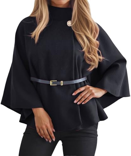 Duohropke Umhang Damen Elegant Winter Poncho mit Fledermausärmeln und Gürtel Einfarbig Rollkragen Poncho mit Knopfleiste Kurz Wollmantel Freizeit Outdoor Wärmeschal Tuniken Winterponcho