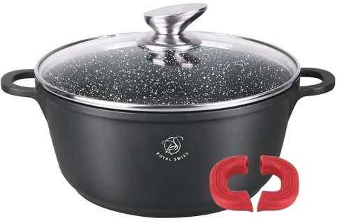 Royal Swiss Pentola da 24 cm, colore nero, 4 l, rivestimento in marmo, antiaderente, coperchio in vetro, compatibile con induzione e forno, ghisa di alluminio, manici in silicone rimovibili