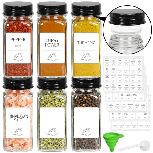 EkkoVla 6 Pack 120ml Square Glass Spice Jars with Black Airtight Lids | Pre-Printed Labels, Silicone Funnel & Spoon for Kitchen Storage, Herbs & Spices