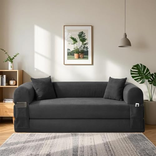 BMMB Bodensofa mit Schlaffunktion, 203cm 3-sitzer Boneless Couch Sofa, Klappbar Schlafsofa Schlafsessel Bed mit 2 Kissen, Moderne Klappsofa Sofabett für Wohnzimmer Schlafzimmer (Dunkelgrau, Queen)