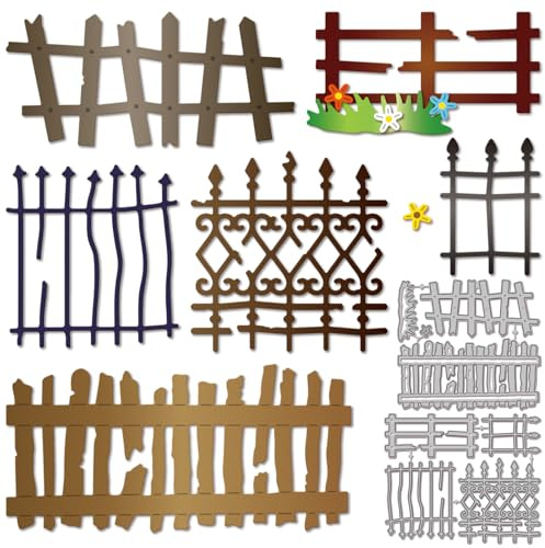 GLOBLELAND Beschädigte Zäune Metall Stanzschablone Blumen Rasen Papierpräge Stanzschablonen Set Retro Geländer Stanzformen für Kartenherstellung DIY Papier Scrapbooking Handgefertigtes Fotoalbum