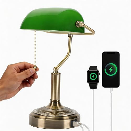 BNYFDC Vintage Bankers Lamp, Green Glass with Antique Brass Finish, USB & Type-C Charging Ports, Pull Chain Desk Lamp for Home Office, Piano, Library (Green)