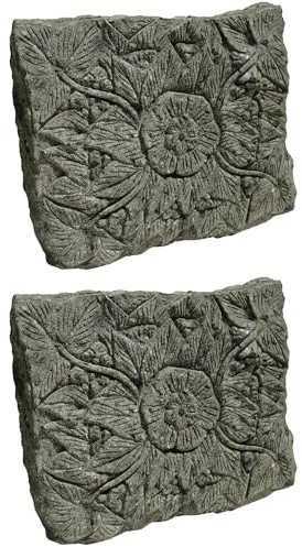 STONE art & more 2er Set Stein-Relief/Trittplatte mit Blütenmuster, 60 x 50 cm, Steinmetzarbeit Lavastein, Exklusive Garten-Deko, frostfest