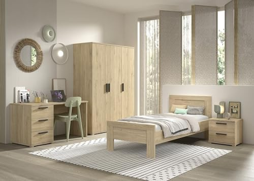 möbelando VIPACK SAM 4-teiliges Kinderzimmer-Set – Einzelbett, Schrank, Nachtkonsole & Schreibtisch – Eiche Melamin – stabil & pflegeleicht – ideal für Kinder & Jugendliche