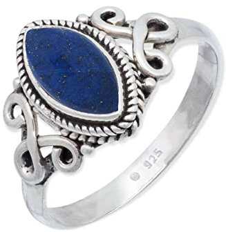 mantraroma Lapislazuli Ring Damen 925 Sterling Silber – Cabochon Edelstein Ring mit tiefblauem Lapis, Vintage Statement Schmuck
