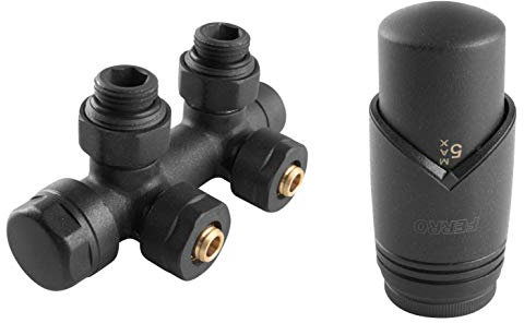 BFG Kit thermostatique pour radiateur | Tête thermostatique GT33 M30 x 1,5 | Robinet de radiateur à deux tubes forme d'angle | Mamelon de radiateur 3/4 x 1/2, raccord de tuyau 15 mm et 16 x 2 mm