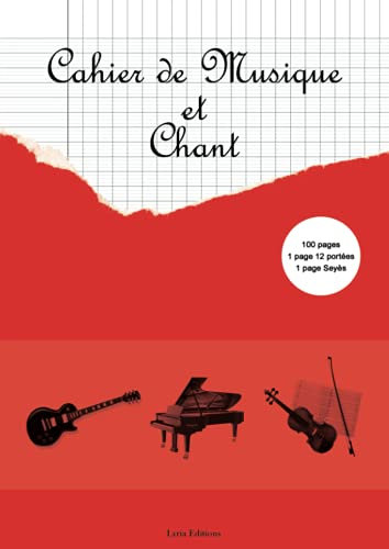 Cahier de musique et chant: Partitions à 12 portées et page grands carreaux (Seyès) | Format A4 | | 100 pages | Composer mélodies et paroles de chansons