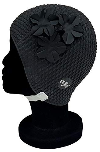 Blue Reef Oslo Bubble - Gorro de natación para mujer, diseño floral, clásico, retro, 3 flores, tono sobre tono, pétalo 3D, elegante, vintage, talla única, para adultos, con correa ajustable (negro)