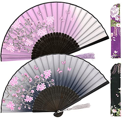 Leehome Faltbare Handfächer, Grau und Lila, Sakura-Schmetterlinge, 2 Stück