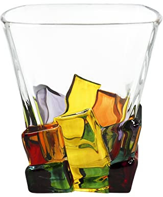 DigiTizerArt Einzigartiges handbemaltes stielloses Cocktailglas bunt gestreiftes Kristallweinglas für Scotch-, Bourbon-, Likör- für Scotch-Liebhaber (Buntes Vintage-Glas mit gestreiften Eiswürfeln)
