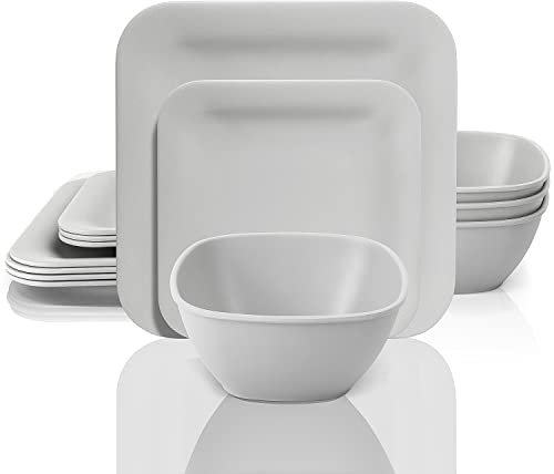 Melamin-Geschirr-Set – 12-teiliges Melamin-Teller, für den Innen- und Außenbereich, mattgraue Teller und Schüsseln, Geschirr-Set, Sommer, Geschirr-Set für 4 Stück, spülmaschinenfest (quadratisch)