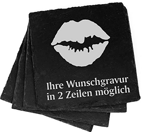 4X Kussmund Deko Schiefer Untersetzer Wunschgravur Set - 11 x 11 cm Flaschenuntersetzer Glasuntersetzer Tassenuntersetzer